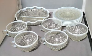 Hocking Moonstone Hobnail Opalescent Tea Cup & Saucer & Divided Ruffled Round  - Picture 1 of 10
