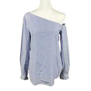Theory S Blue White Stripe Ulrika Dalton Cotton Long Slv One Shoulder Blouse Top - Picture 1 of 16