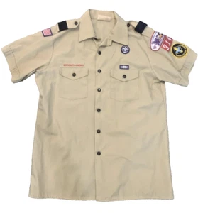 Boy Scouts of America Uniform Shirt Mens L Short Sleeve Beige Patches USA - Picture 1 of 8