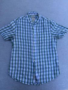 Heritage Report Collection Mens 100% Linen Green Blue Short Sleeve Shirt Size L - Picture 1 of 9
