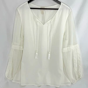 Chicos Bluse XL/16 Elfenbein Boho Bauern Oberteil Rüschen Tasseled Langarm Herbst  - Bild 1 von 6