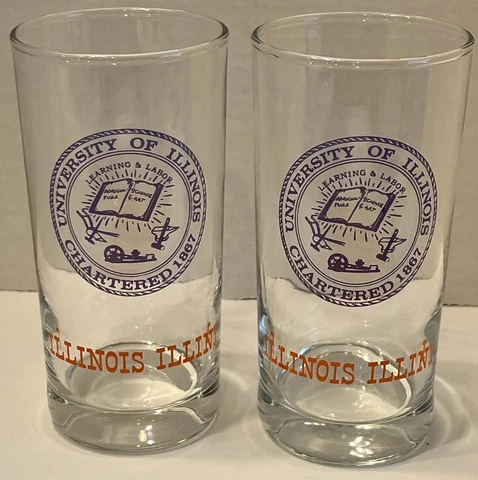 Set of 2 Vintage 1960s University of Illinois Fighting Illini Glass Tumbler Cover