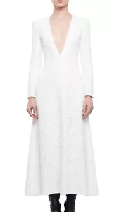 Abito Midi Saint Laurent maniche lunghe con scollo a V, bianco conchiglia - Foto 1 di 9
