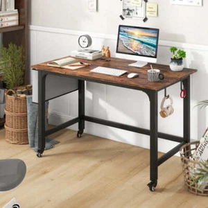 Costway Mobile Computer Desk 120cm Home Office Desk with Storage Bag-Rustic B... - Picture 1 of 10