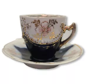 Antik Deutschland kobaltblau weißgold vergoldete Demitasse Tasse Teetasse & Untertasse erhöht - Bild 1 von 19
