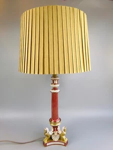 Antique French Table Lamp. Sphinxes / Egyptiana. Red White Porcelain. Gold Shade - Picture 1 of 15