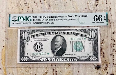 1934A $10 Bill (D* Block) Federal Reserve Note Cleveland 66 EPQ PMG Rated Uncirc - Image 1 of 4