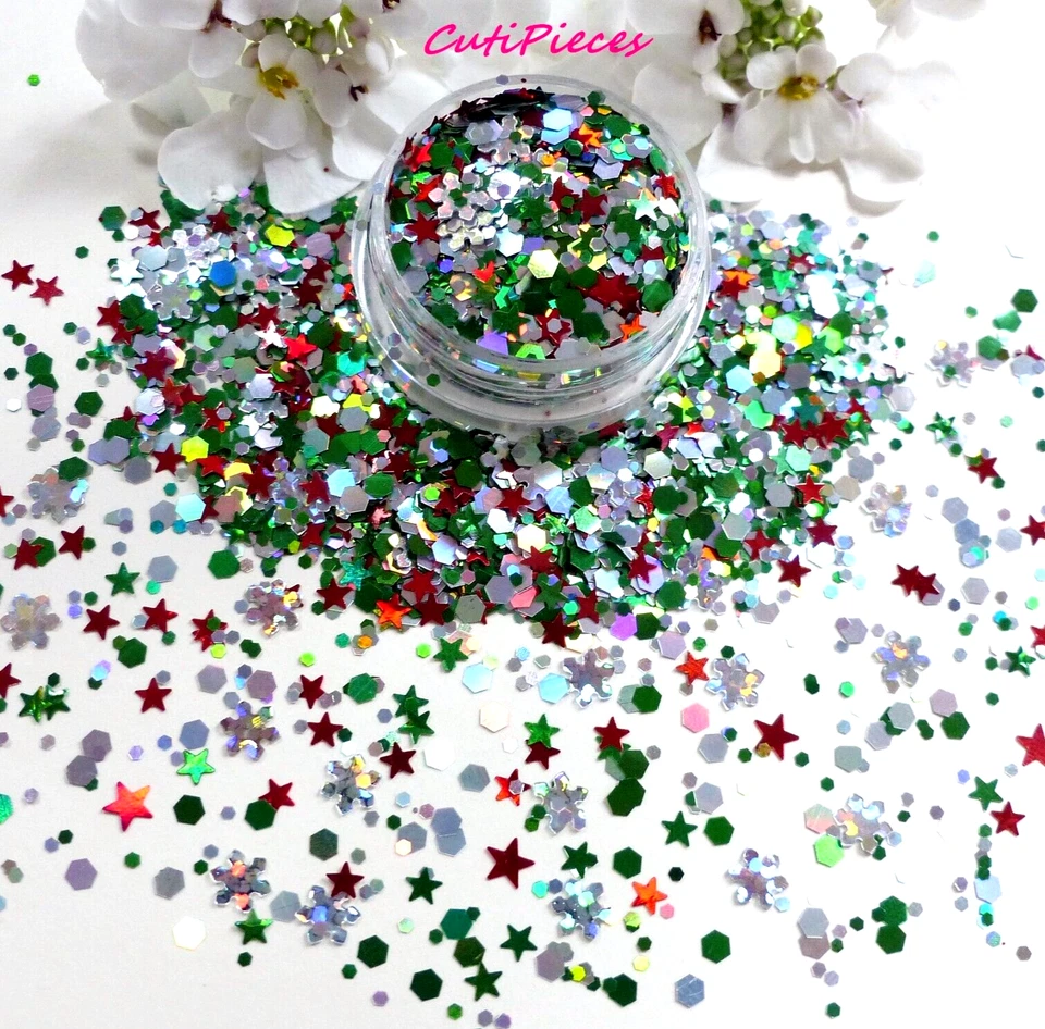 Nail Art Chunky *Mistletoe* Xmas Snowflakes Star Hexagon Glitter Spangle 5ml Pot