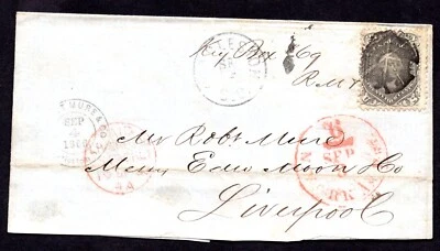 US TO GREAT BRITAIN 1866 CHARLESTON, S.C. FOLDED LETTER FRANKED SCOTT #78b - Image 1 of 2