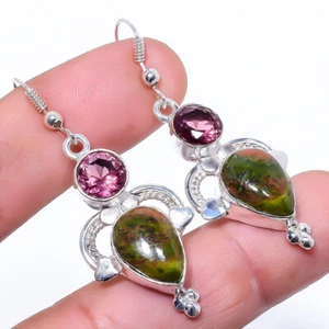 Unakite Pink Kunzite Quartz Gemstone Silver Plated Earrings Jewelry 1.5" - Picture 1 of 1