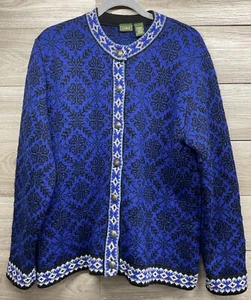 LL Bean Classic Wool Cardigan Nordic Sweater USA Pewter Buttons Large Womens - Picture 1 of 13