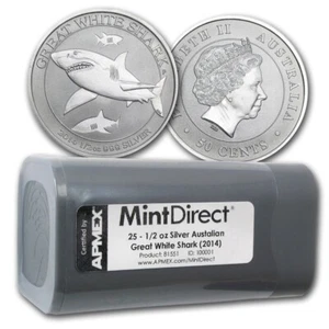 ROLL 2014 Australian GREAT WHITE SHARK 1/2 oz Silver Coin 25 Tube Sealed MINT - Picture 1 of 2