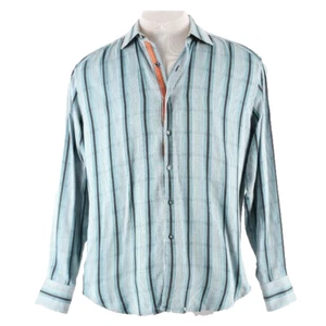 Robert Graham Sz L Aqua Multi Stripe Button Up 100% Cotton Silk Trim Shirt  - Picture 1 of 10