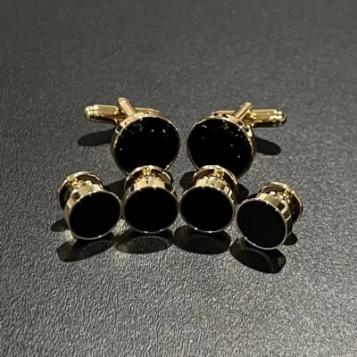 Conjunto de gemelos redondos de ónix y tachuelas para camisa de vestir para hombre boda regalo esencial Foto 1 de 4