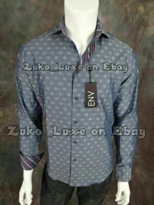 男式 ENVY COUTURE 衬衫蓝色带提花格子图案纽扣正面 — 第 1/4 张图片