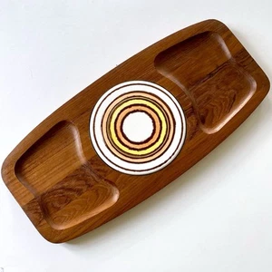 1960s VNTG Teak Wooden Serving Tray Cheese Board w Ceramic Tile 17” x 8” Dolphin - Picture 1 of 13