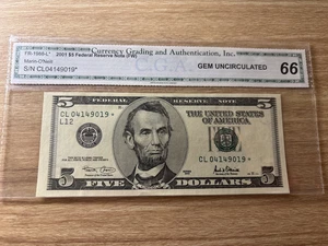 2001 $5 Federal Reserve Note Fr 1988-L Star CGA 66 Gem Uncirculated - Picture 1 of 2