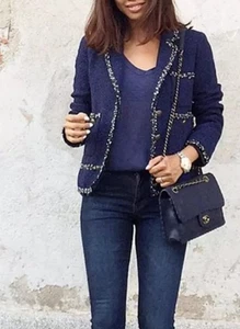 ZARA XS UK  6 8 Navy Blue Tweed Textured Boucle Blazer Jacket - Picture 1 of 13