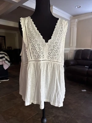 Lucky Brand Womens L Off-White Sleeveless Top Eyelet Yoke NWT - Image 1 of 4