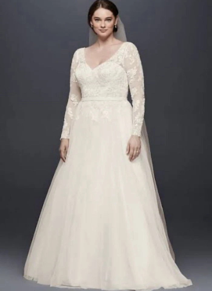 DAVIDS BRIDAL Ivory Wedding Dress 9WG3831 A-Line V-Neck Long Sleeve Illusion 18W - Image 1 of 4