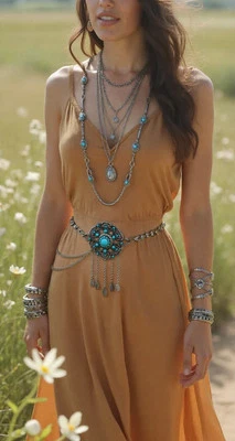 全新 女式 银色 金属链腰带 绿松石珠 花饰 可调 XL XXL — 第 1/4 张图片