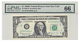 Fr. 1902-B (BG Block) 1963B $1 BARR Note FRN PMG 66 EPQ - Picture 1 of 2