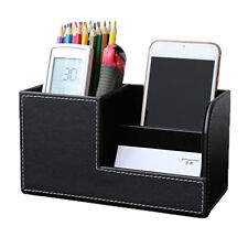 Leather Office Desk Organizer Multi-functional Stationery Box Holder -Black