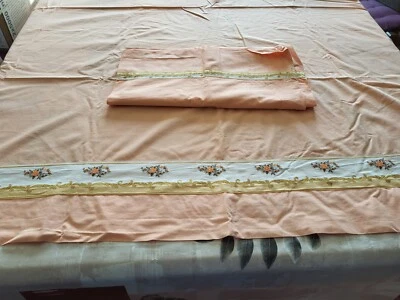 ancien drap + traversin orange avec frise de fleurs  205*285 cm - Photo 1/4