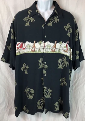 Vintage Hawaiian Rayon Shirt XL Black Party Drink ButtonUp Luau Retro Beach - Image 1 of 4