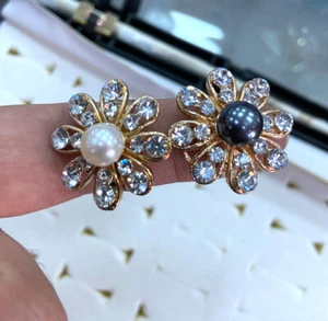2pcs Natural 8-9mm white Black South Sea Pearl crystal gold plated Ring 7-10# - Picture 1 of 5