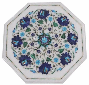 12" Marble Table Top Lapis Inlay Floral Art Handmade Work Home Decorative Garden - Picture 1 of 3