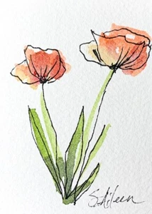 ACEO Painting Watercolor Ink Poppy Flower Red Yellow Botanical III Signed - Picture 1 of 2