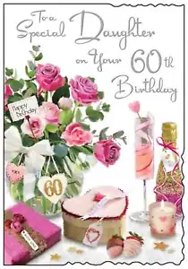 "Tarjeta de 60 cumpleaños Jonny Javelin hija rosas rosa champán lámina brillante 9x6" - Imagen 1 de 2