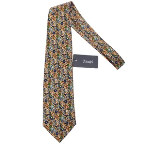 Drake's NWT Neck Tie in Orange / Multicolor Mini Floral Print 100% Silk - Picture 1 of 8