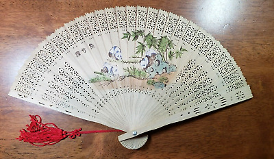 Vintage Asian Chinese Carved Wooden Panda and Landscape Hand Held Folding Fan