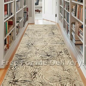 HERVEY PALM LEAVES BROWN BEIGE MODERN FLOOR RUG RUNNER 80x300cm **FREE DELIVERY* - Picture 1 of 6