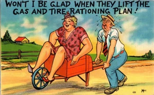 Alte Leinen-Postkarte - Werde ich nicht froh sein, wenn sie die Gas- und Reifenration heben - Bild 1 von 2