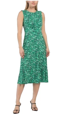 London Times Womens Green Ivory Print Sleeveless Fit Flare Midi Dress Sz 14 New - Image 1 of 4
