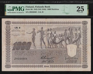 Finland 1000 Markkaa 1945 PMG 25 P#90 Finlands Bank Litt.B Series J - Picture 1 of 4