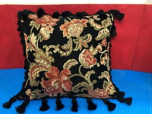 NOS Vtg Ralph Lauren Floral Jacquard Chenille Decorator Pillow Black tassels 16" - Picture 1 of 10