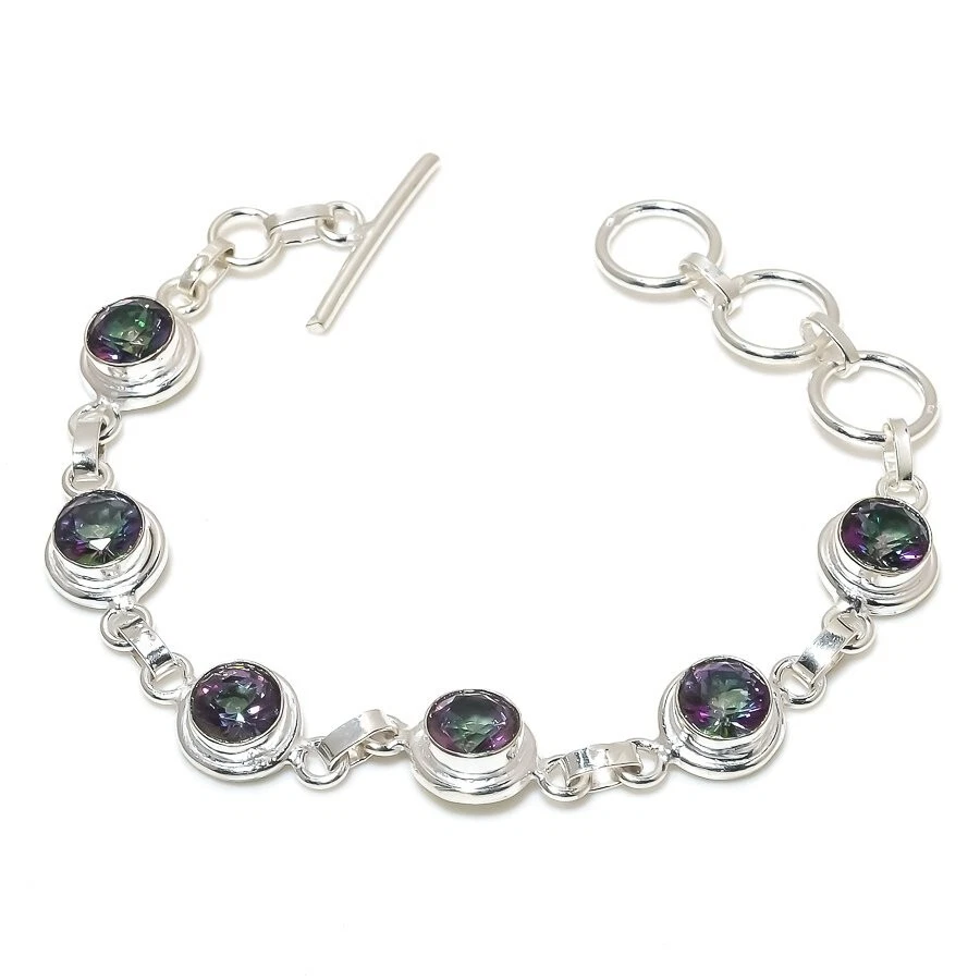 Mystic Topaz Gemstone Handmade 925 Sterling Silver Jewelry Bracelet Size 7-8" - Image 1 of 1