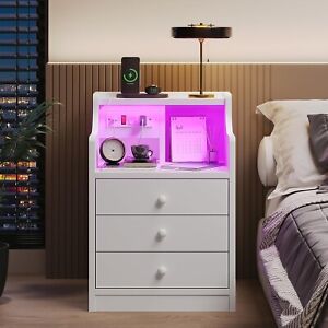 Nightstand Bedside Table with Charging Station &LED Lights Modern End Side Table