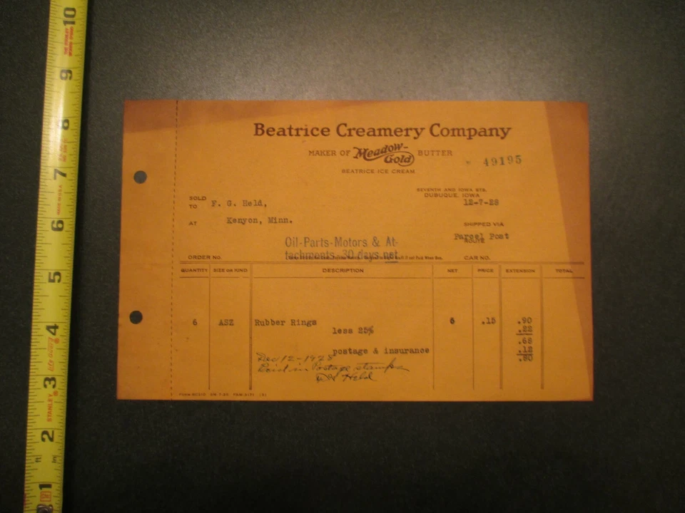 Beatrice Creamery Company Meadow Gold Butter Helado 1928 Iowa Membrete 452 Foto 1 de 1