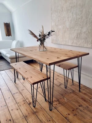 Hairpin Dining Table & Benches Rustic Scandi Farmhouse Industrial Free Delivery - Image 1 of 4