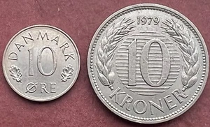 1979 Dänemark 10 Kronen Münze & 1986 10 Erz Münze gebraucht sehr guter Zustand. - Bild 1 von 2