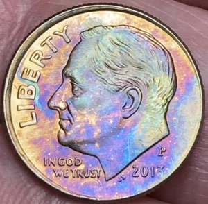 2013-P Roosevelt Dime Beautiful Lustrous Rainbow Toned Coin - Rim Error #7 - Picture 1 of 16