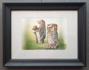 Aquarell Bild Eule und Bär mit Honig gerahmt schwarzer Holzrahmen - Bild 1 von 4