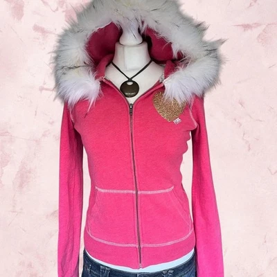 Y2k Victoria Secret PINK Fur Hood Zip Up Hoodie Rare Mcbling 2000s Zip Jacket - Image 1 of 4