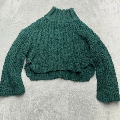 Free People Mock Neck Fuzzy Knit Heavy Cropped Sweater Teal Green Bell Sleeve XS - Image 1 of 4