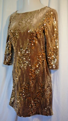 Eliza J Size 4 Modest Gold Velvet Sequin Lined Cocktail Holiday Party Dress EUC - Image 1 of 4